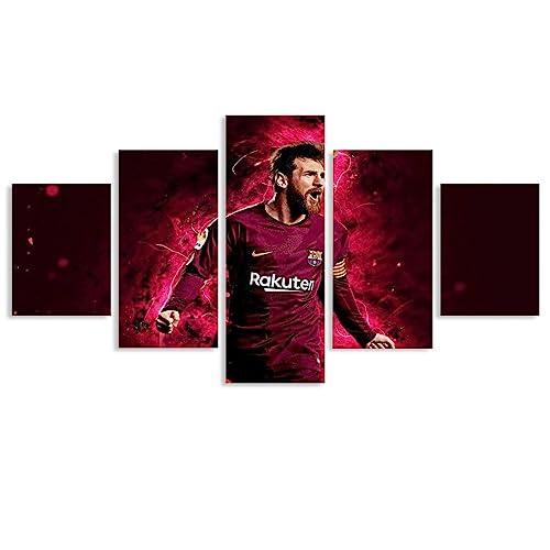 AScdap Bilder Messi 5 Teilig Leinwandbilder Bild Leinwand Wandbild Kunstdruck Wanddeko Wand Wohnzimmer Wanddekoration Deko Sport Fußball