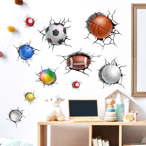Runtoo Wandtattoo 3D Fußball Durchbruch Junge Wandaufkleber Sport Bälle Basketball Wandsticker Kinderzimmer Babyzimmer Spielzimmer Wanddeko