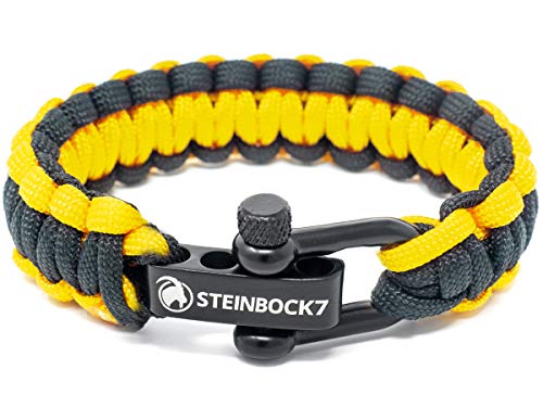 Steinbock7 Paracord Survival Armband, Gelb-Schwarz - Glanz-Edelstahl Verschluss Einstellbar, Inklusive Anleitung zum Flechten
