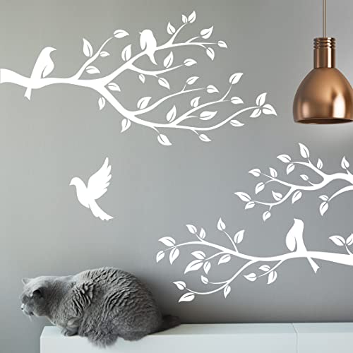 Wandtattoo, Motiv: Vögel auf Ast, Weiß, für Wohnzimmer, Möbel, Dekoration, Tür, Wandbild, Küche, Baum, Blätter