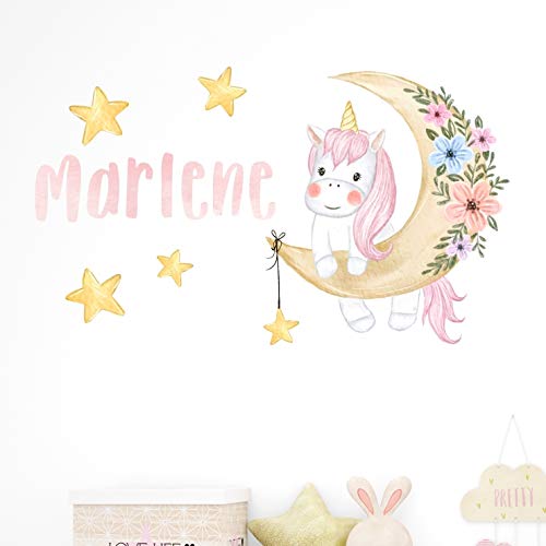 tjapalo® v45 Baby Wandtattoo Babyzimmer mädchen Name Deco Wandsticker Baby Name Wandbild Einhorn mit Wunschname, Größe: B58xH33cm