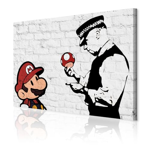 decomonkey Akustikbild Mario and Cop Banksy 90x60 cm 1 Teilig Leinwand Modern Bilder Wandbilder XXL Schallschlucker Schallschutz Akustikdämmung Wandbild Deko Leise Street Art Ziegel