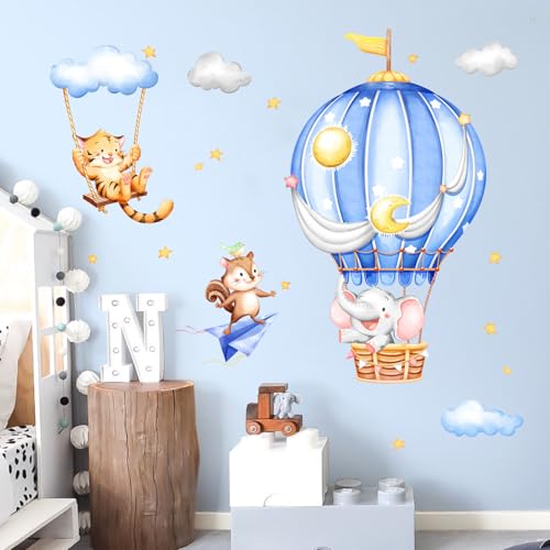 Supzone Wandtattoo Heißluftballon Tiere Wandaufkleber Cartoon Elefant Tiger Eichhörnchen Kinderzimmer Wandsticker Abziehen und ankleben für Kinderzimmer Babyzimmer Schlafzimmer Türen Wanddeko