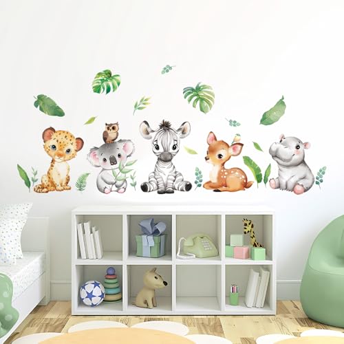 Tanlaby Waldtiere Wandaufkleber Safari Tier Wandsticker Grüne Pflanze Wandtattoo Nilpferd Rehkitz Zebra Wandaufkleber für Kinderzimmer Babyzimmer Schlafzimmer