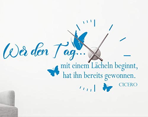 timalo® Wandtattoo mit Uhrwerk Spruch Wer den Tag mit einem Lächeln beginnt, Wanduhr fürs Wohnzimmer DIY Uhr – 60 Farben | 76063-Flieder-M-80x444-Uhr-silber