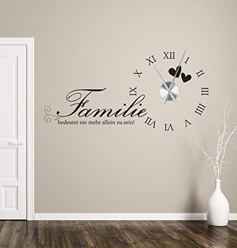 tjapalo® a235 Wanduhr Wohnzimmer Wandtattoo Uhr Sprüche Zitate Wandspruch Familie bedeutet nie mehr allein zu sein Wandaufkleber mit Uhrwerk, Größe: B120 x H58cm (+Uhrwerk schwarz), Farbe: mint