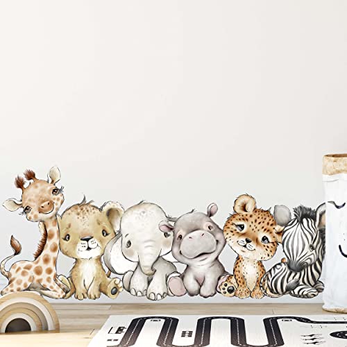WANDKIND Tiere Afrika Wandtattoo Safari Kinderzimmer V351 | handgezeichnet | AUFKLEBER Kindergarten | Wandsticker Dschungel mit Löwe Elefant Giraffe Nilpferd Zebra Tiger (60 x 60 cm)