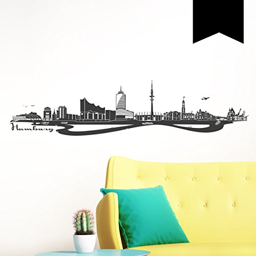 WANDKINGS Wandtattoo Skyline Hamburg (mit Sehenswürdigkeiten und Wahrzeichen der Stadt) 180 x 42 cm schwarz - erhältlich in 33 Farben