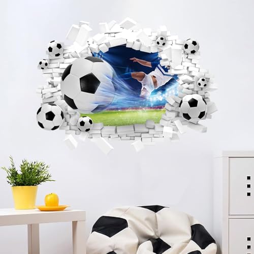 HPNIUB 3D Fussball Wandtattoo,Durchbruch Wandaufkleber für Kinderzimmer Jungen, 75.6×58CM,Bunte Fußball Wandbild,Wandtattoo Junge Teenager,Videospiel Wandstikcer für Schlafzimmer Deko Geschenk