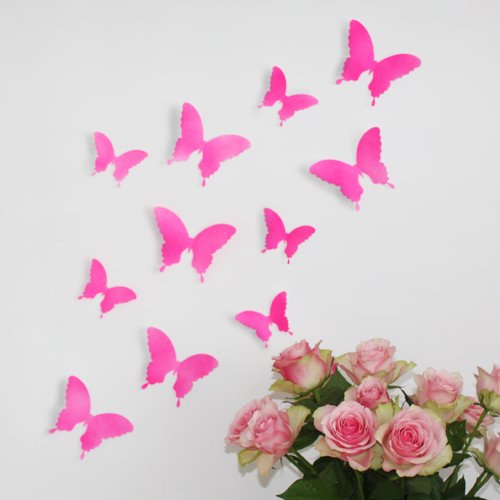 Wandkings Schmetterlinge im 3D-Style in NEON PINK, 12 Stück, Wanddekoration mit Klebepunkten zur Fixierung