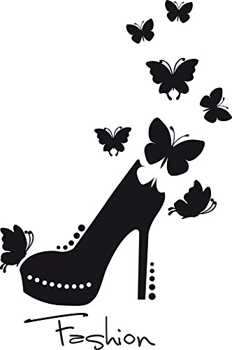 Wandtattoo Schlafzimmer Fashion Schuh Schmetterlinge, Mode Label, Design Aufkleber Wand, Schrank, Tür Sticker, Teenager Jugendzimmer Mädchen, 45x30cm, 070 schwarz