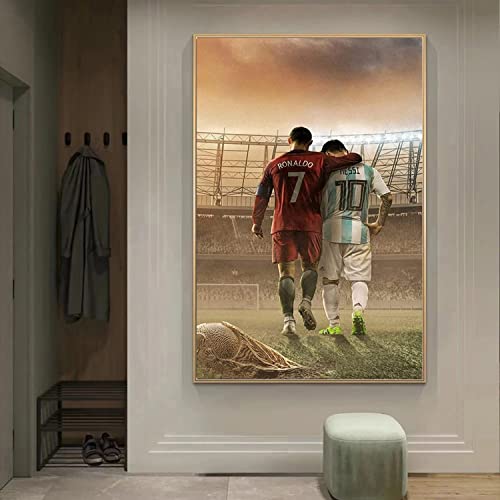 Mospeng Fußball Superstars Lionel Messi und Ronaldo Riesen-Cover-Poster Druck - Fußball Sport Bild Zimmer Ästhetische Leinwand Wandkunst Heimdekoration für Fußballfans 50 x 70 cm ohne Rahmen