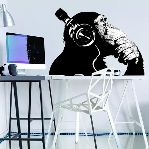 Wandaufkleber, Motiv: Banksy Affe mit Kopfhörern, groß, Bansky Thinking Dj Schimpanse, Vinyl, 61 x 40 cm, linke Seite