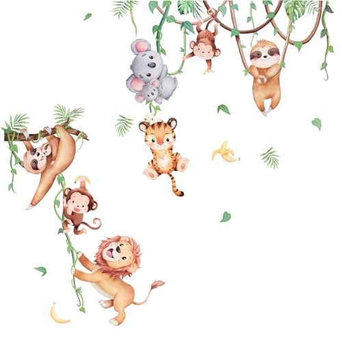 Wandtattoo Dschungel Tiere Reben Selbstklebend für Wanddeko, Zoo Wald Tiere Jungle Löwe Affen Koala Tiger Wandsticker Wandaufkleber Kleben Aufkleber Wandbilder für Schlafzimmer Kinderzimmer Babyzimmer
