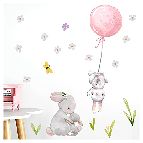 Little Deco Wandtattoo Babyzimmer Hasen mit Ballon Rosa I M - 103 x 103 cm (BxH) I Blumen Kinderbilder Deko Kinderzimmer Mädchen Aufkleber Sticker DL238