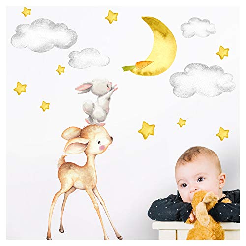 Little Deco Wandtattoo Babyzimmer REH und Hase mit Mond und Sternen I 165 x 103 cm (BxH) I Kinderbilder Deko Kinderzimmer Mädchen Aufkleber Junge Sticker DL462
