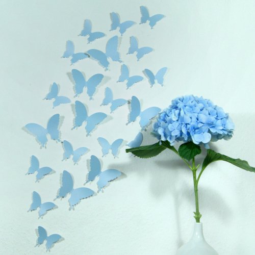 Wandkings Schmetterlinge im 3D-Style in HELLBLAU, 12 Stück, Wanddekoration mit Klebepunkten zur Fixierung