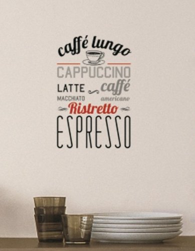 Text Wandtattoo Kaffee , Einmalig verwendbarer Siebdruck mit Namen verschiedener Kaffee-Arten wie Espresso u. Cappuchino , Höhe: ca. 57 cm, zum Aufrubbeln auf die Wand, für Freunde der Kaffee-Kultur