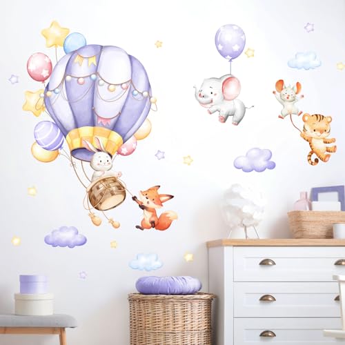 Supzone Wandtattoo Lila Heißluftballon Tiere Wandaufkleber Hase Fuchs Elefant Tiger Wandsticker Mädchenzimmer Abnehmbar Wanddekor für Kinderzimmer Babyzimmer Schlafzimmer Türen Wanddeko