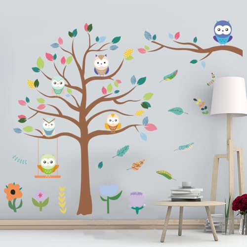 ANATTASOUL Bunte Blätter und Eule Wandtattoo, Wandaufkleber Wandsticker Wanddeko Selbstklebend für Wohnzimmer, Schlafzimmer, Flur, Badezimmer, Küche, Wanddeko