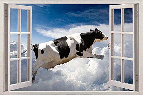 Kuh Lustige 3D Fenster Ansicht Abnehmbare Wandkunst Aufkleber Vinyl Aufkleber Wohnkultur Wandbild- Wandtattoo Wandbild Poster Deko- 50x70cm