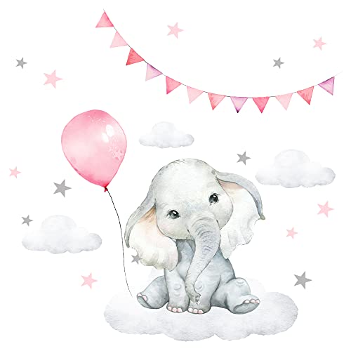 Little Deco Wandtattoo Kinderzimmer Mädchen Wanddeko Wandsticker Baby Elefant mit Luftballon Sterne Safari Boho Wandbild selbstklebend für Kinder DL539-53