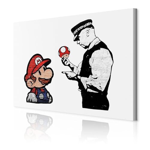 decomonkey Akustikbild Banksy 90x60 cm 1 Teilig Leinwand Modern Bilder Wandbilder XXL Schallschlucker Schallschutz Akustikdämmung Wandbild Deko Leise Street Art Mario