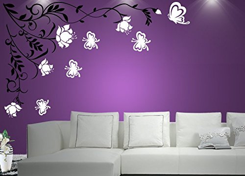 Wandtattoo 2-farbig Wandaufkleber Aufkleber Wandsticker wall sticker Wohnzimmer Schlafzimmer Kinderzimmer Ranke Blume Blumen Blumenranke Blumeranke Vine Flower Butterfly Schmetterling floral 30 Farben zur Wahl wpf60 (Printed Sticker,ca.20 x 8cm)
