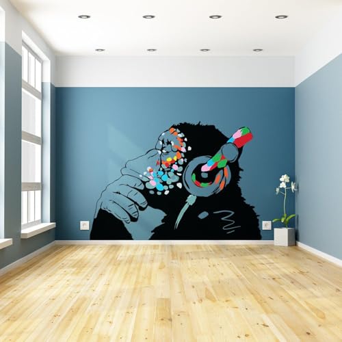 Wandaufkleber Banksy Affe mit Kopfhörern – großer Bansky denkender DJ Schimpanse, Vinyl-Aufkleber, 94 x 65 cm, linke Seite