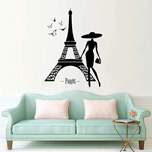 Romantische Wandaufkleber Paris Eiffelturm Vinyl Wandtattoo Schönes Mädchen Vogel Design Wandplakat Home Decor Geschenk 57 * 77Cm