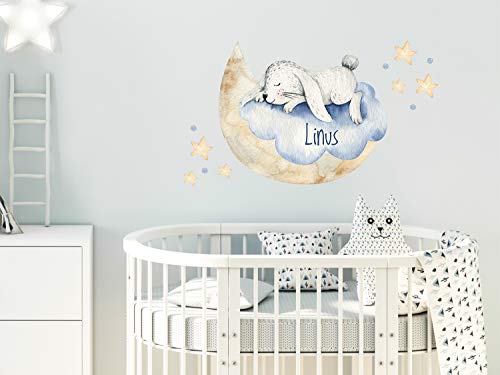 Wandtattoo Babyzimmer Junge Mädchen, Hase auf Mond Namen, Kinderzimmerzimmer personalisiert, Entfernbare Wandsticker / 53x30cm