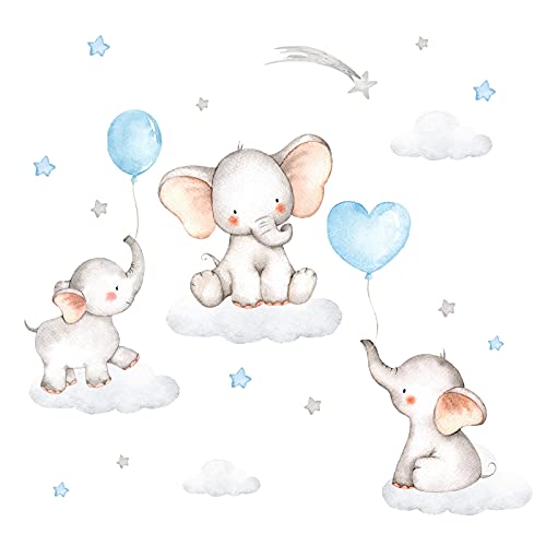 Little Deco Wandsticker Wandtattoo Kinderzimmer Deko Junge Tiere Elefanten blau Ballons Wolken Aufkleber Babyzimmer Spielzimmer Wandbild selbstklebend DL209-25