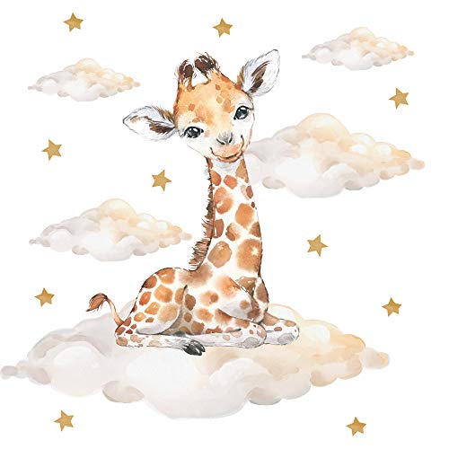 Pandawal Kinderzimmer Deko Wandtattoo Giraffe mit Wolken Sterne Junge Mädchen Wandsticker Baby Safari Tiere Wandaufkleber (M, Giraffe)