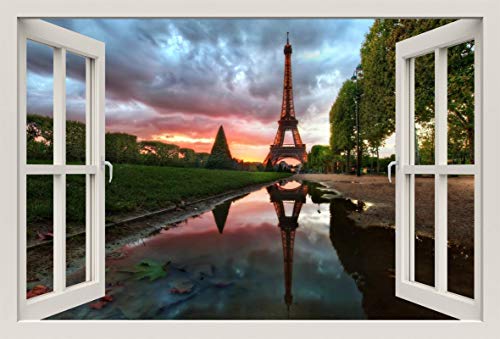 Unified Distribution Eiffelturm Paris Frankreich Sonnenuntergang - Wandtattoo mit 3D Effekt, Aufkleber für Wände und Türen Größe: 92x61 cm, Stil: Fenster