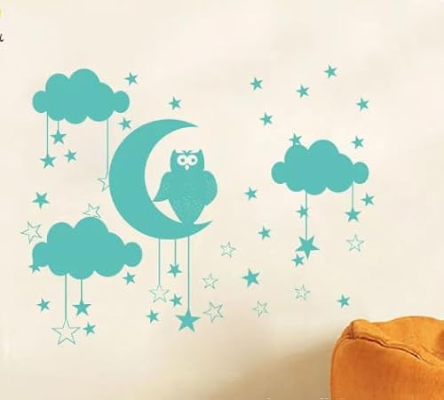 Wandaufkleber, Motiv: Eule, Stern, Mond, Wolke, Wandtattoo, Zimmer, Schlafzimmer, Kunst, Wandbild, Heimdekoration, Minze, 150 cm x 120 cm