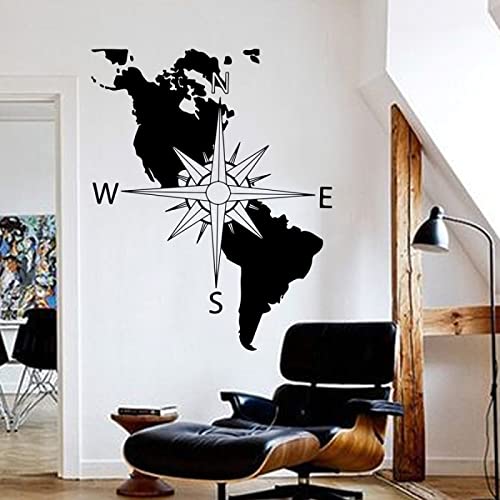 Amerika Kontinent Karte Wandtattoo Navigation Kompass Aufkleber Amerika USA Karte Kompass Wandtattoo Schlafzimmer Vinyl Dekor,93 X 74 Cm,22 Schwarz