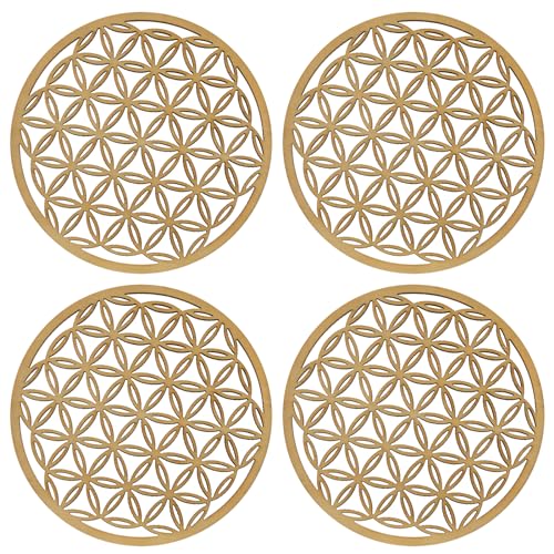 4 Stück Untersetzern für Blume des Lebens, Dekorative Untersetzer für die Blume des Lebens, Blume des Lebens zum Aufladen der Steine, Holzuntersetzer für Getränke und Kaffee, 10 x 10 cm