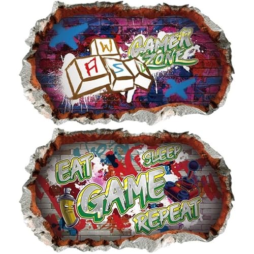 2Pcs Wandtattoo Gamer Zone 3D XXL - Cooles Bunte Gaming Wandaufkleber Selbstklebend - Graffiti Streetart Wandsticker Wandbild Deko Geschenk für Jugendzimmer Junge Teenager - Größe Groß: 58x100cm (02)