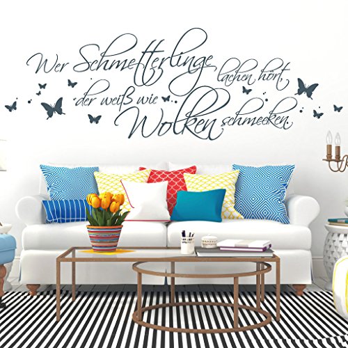 Wandtattoo-Loft Schriftzug Wer Schmetterlinge lachen hört, der weiß wie Wolken schmecken. Wandsticker Wandaufkleber/transparent 80 cm hoch x 240 cm breit