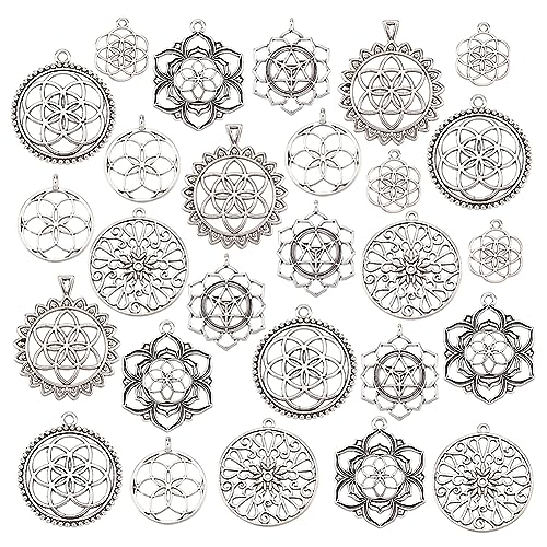 PH PandaHall 28 Stück Blume des Lebens Charms 7 Stile Tibetische Blumen Charms Antikes Silber Charms Anhänger Hohle Blumen Anhänger Für DIY Halskette Armband Schmuck Schlüsselanhänger