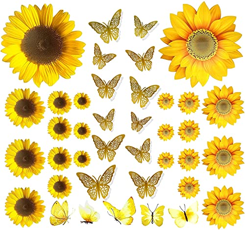 39 Stück Sonnenblumen Wandaufkleber und 3D Gold Schmetterlinge Deko,Abnehmbare Wasserdichte Wandtattoo Blumen Wandsticker,DIY Wandkunst Aufkleber Wandtattoo Wanddeko für Schlafzimmer