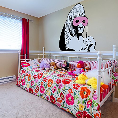 (107 x 120 cm) Banksy Vinyl Wand Aufkleber Gorilla In Eine Rosa Maske/Bunt AFFE mit Maske Dekor Sticker/AFFE Straßenkunst Graffiti-Zeichen + Gratis Aufkleber Geschenk