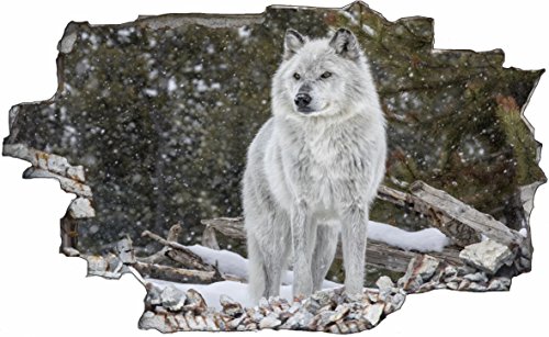 DesFoli Wolf Weiß 3D Look Wandtattoo 70 x 115 cm Wanddurchbruch Wandbild Sticker Aufkleber C148