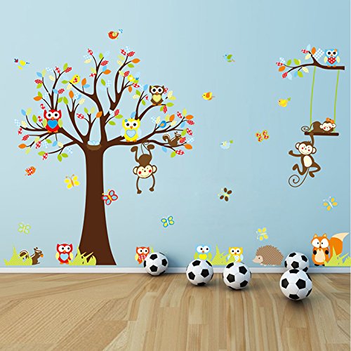 Wandaro Baum Affen auf Einer & Eulen I (BxH) 234 x 150 cm I Wandaufkleber Kinderzimmer Jungen Wandsticker Mädchen Aufkleber Sticker W3316
