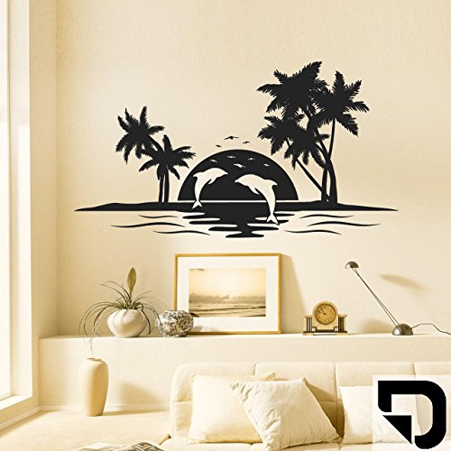 DESIGNSCAPE® Insel mit Delfinen, Palmen einer untergehenden Sonne 80 x 44 (Breite x Höhe) schwarz DW807153 S F4