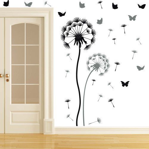 wandtattoo-factory Pusteblume Set schwarz/grau sowie 21 Flugsamen und 10 Schmetterlinge - Große Blume 180 x 60cm, kleine Blume 120 x 45cm