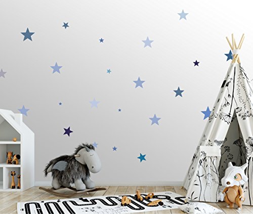 50 Sterne Wandtattoo fürs Kinderzimmer - Wandsticker Set - Pastell Farben, Baby Sternenhimmel zum Kleben Wandaufkleber Sticker Wanddeko - Wandfolie für Kleinkinder, Erstausstattung auf Rauhfaser Blau