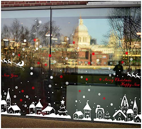 Tuopuda Weihnachtssticker Weihnachten Rentier Schneeflocken Stadt Removable Vinyl Fensterbilder Fensterdeko Weihnachtsdeko Weihnachten Wandaufkleber Wandtattoo Wandsticker (rot)