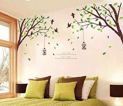 ufengke® Xlarge Grünen Garten Serie Grüne Bäume Zweige Birdcage Vögel Wandsticker,Wohnzimmer Schlafzimmer Entfernbare Wandtattoos Wandbilder, Set von 2 Blatt