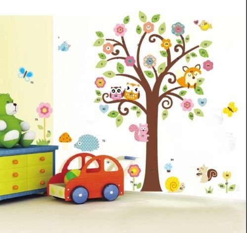 WallStickers Decal® Wald Eule, Eichhörnchen Fox & Gesang auf bunten Baum für Kinderzimmer & Kinderspielzimmer